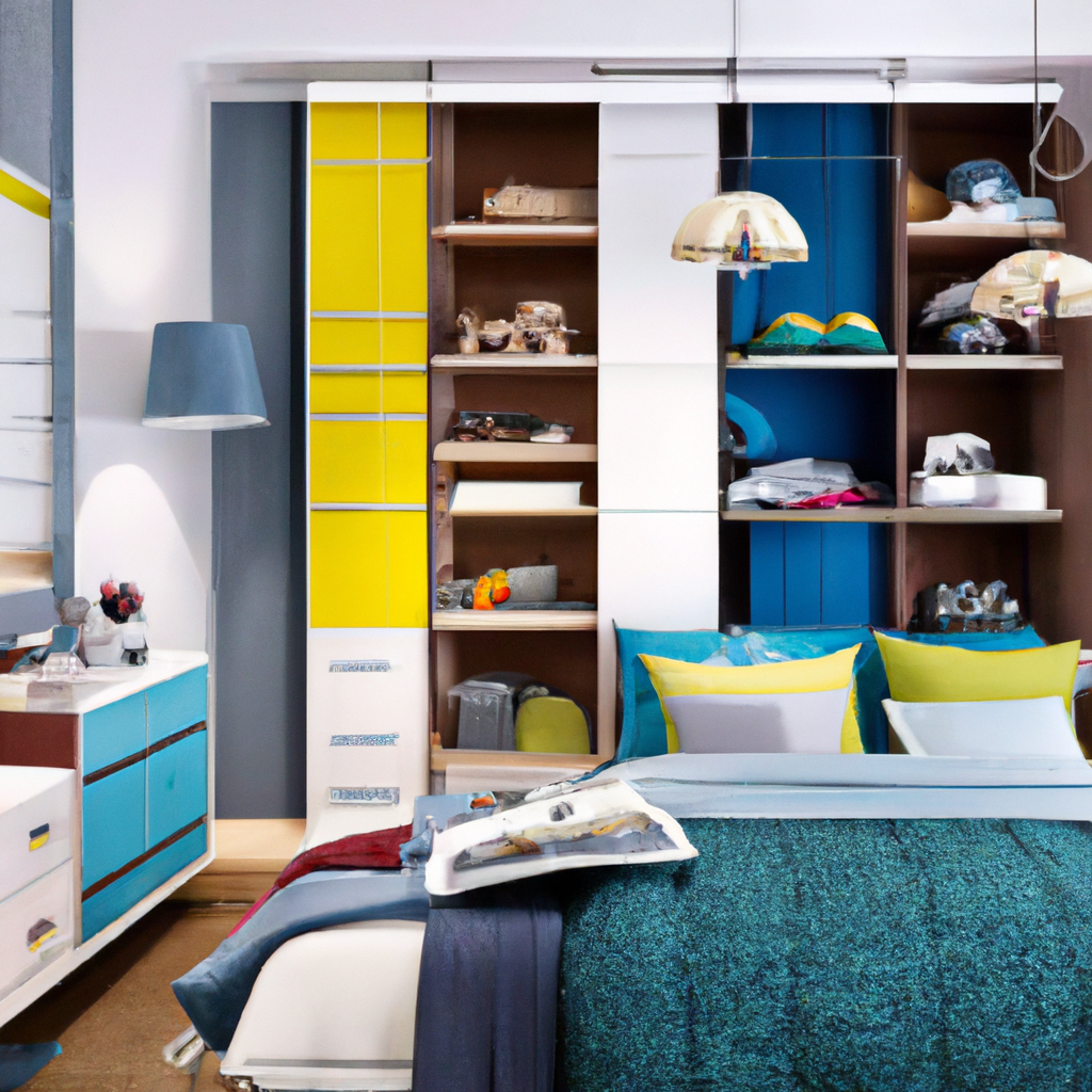 Chambre moderne avec un mur de rangement coloré, lit confortable et ambiance lumineuse et chaleureuse.