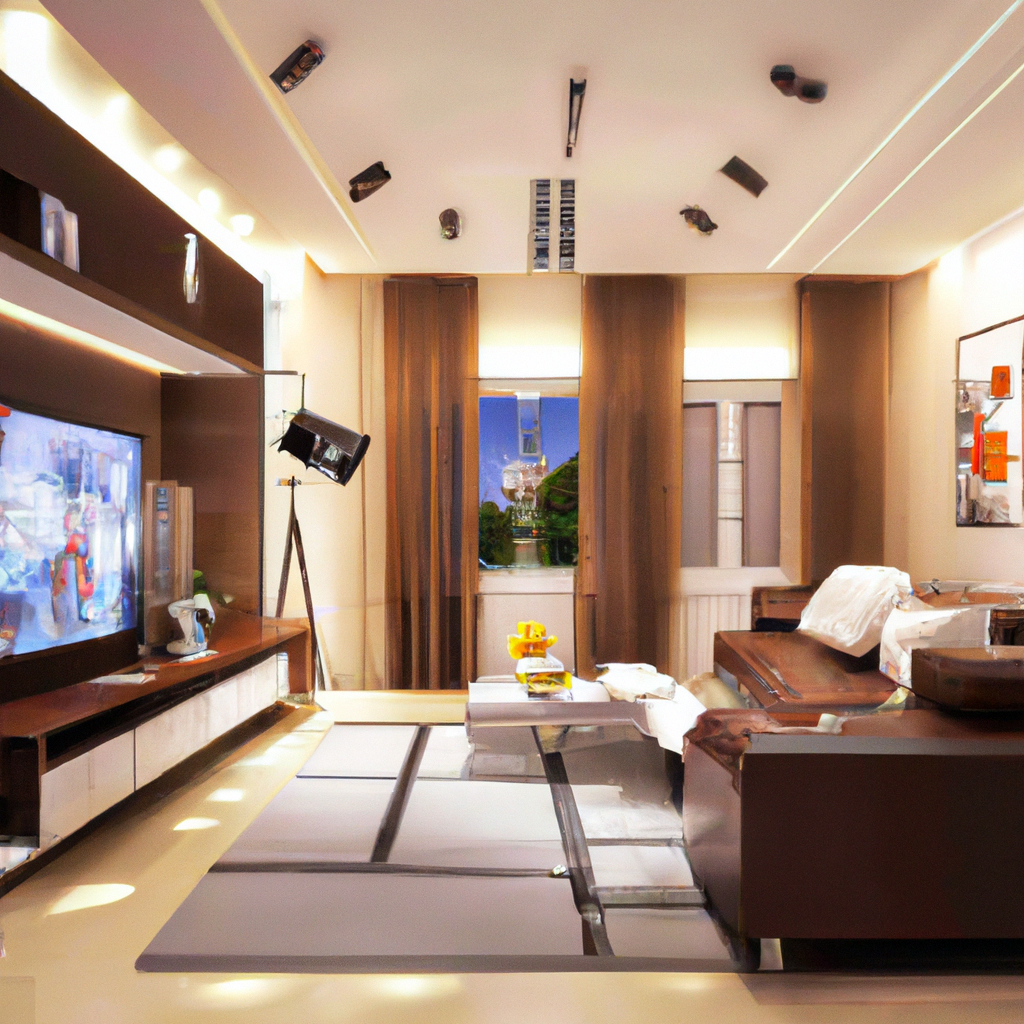 Salon moderne avec canapé marron, meuble TV en bois clair, décoration artistique et éclairage doux, ambiance chaleureuse.