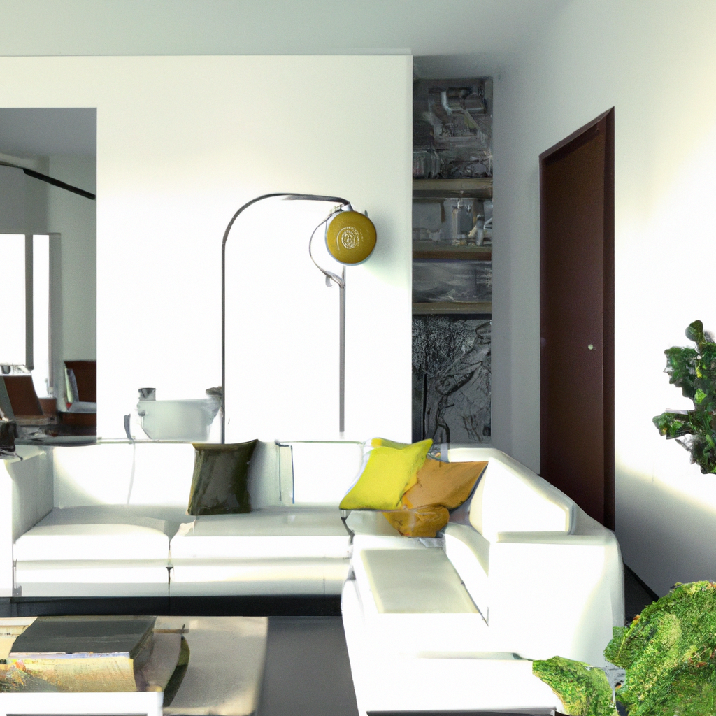 Salons modernes avec canapé blanc, coussins verts et jaunes, lampe design, mur neutre et accents de verdure.