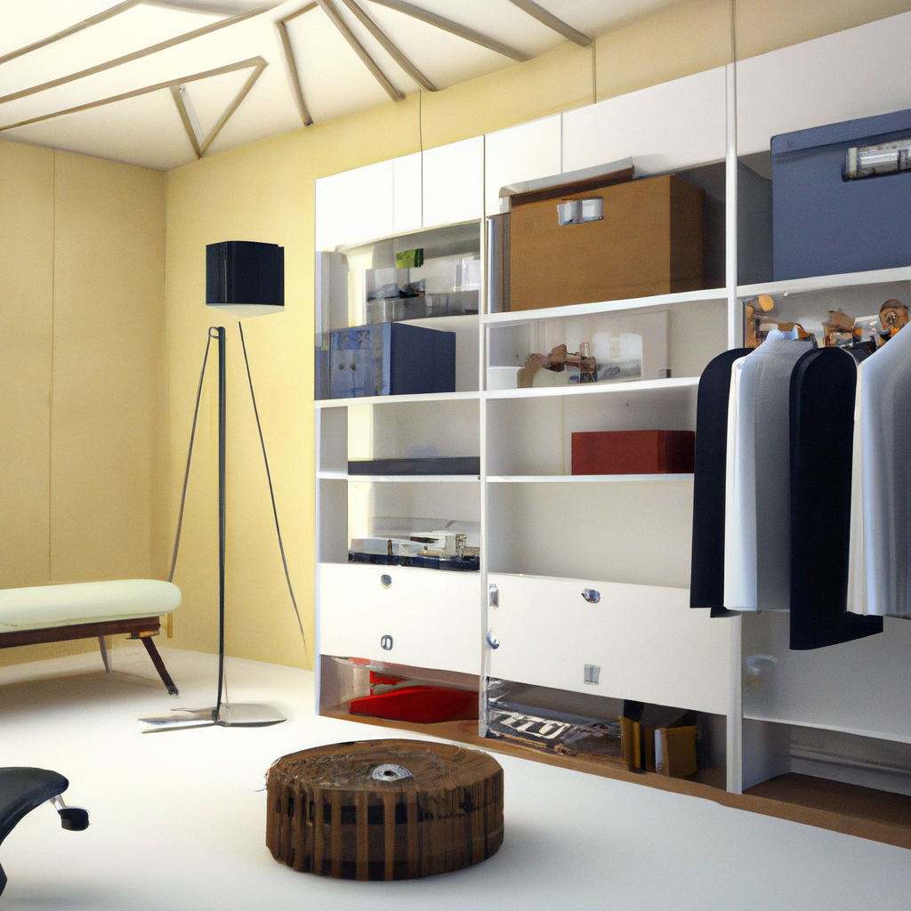 Espace intérieur moderne avec étagères blanches, lampadaire noir, pouf en bois et mobilier minimaliste, ambiance épurée.