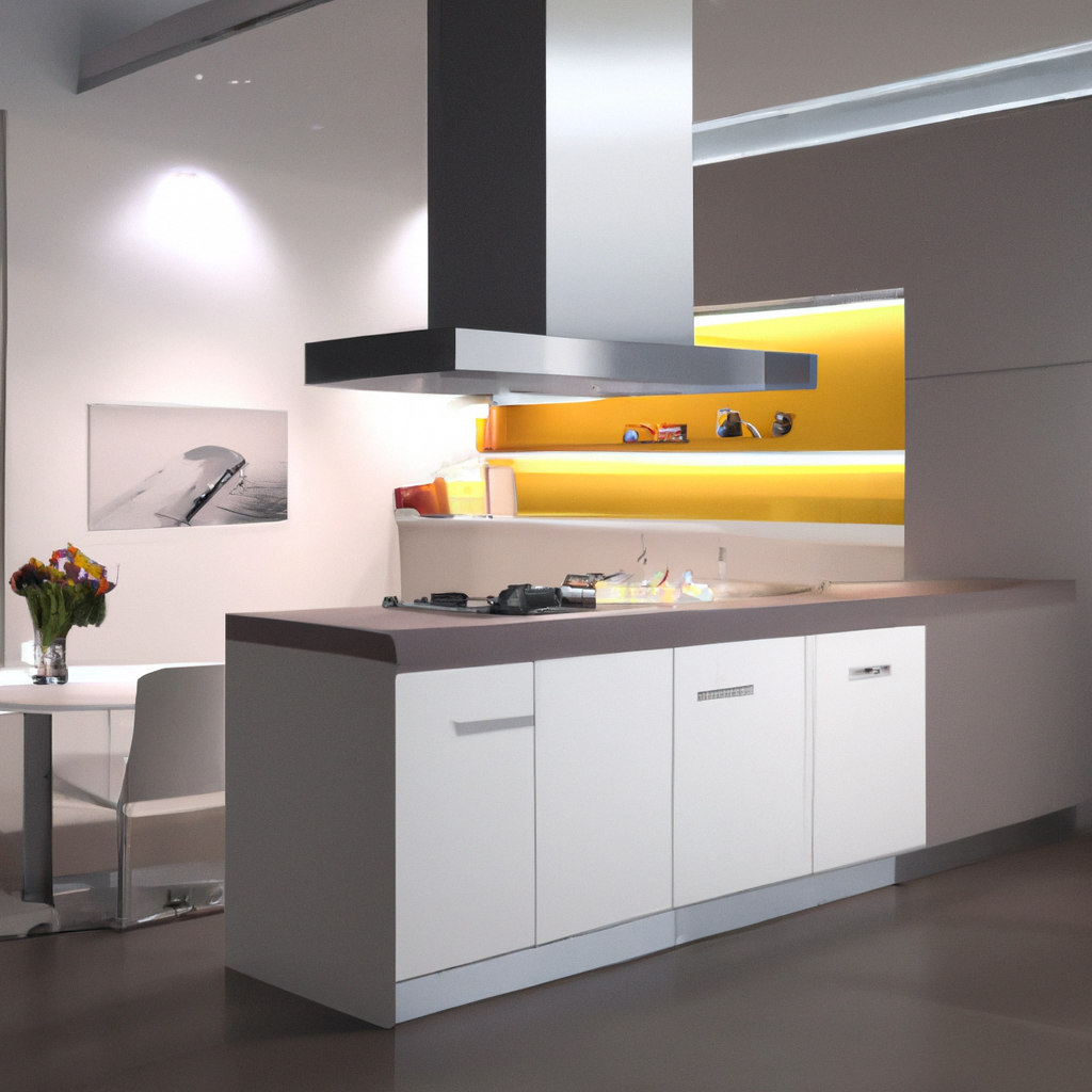 Cuisine moderne avec meubles blancs, plan de travail gris clair, îlot central et éclairage jaune accentuant l'ambiance.