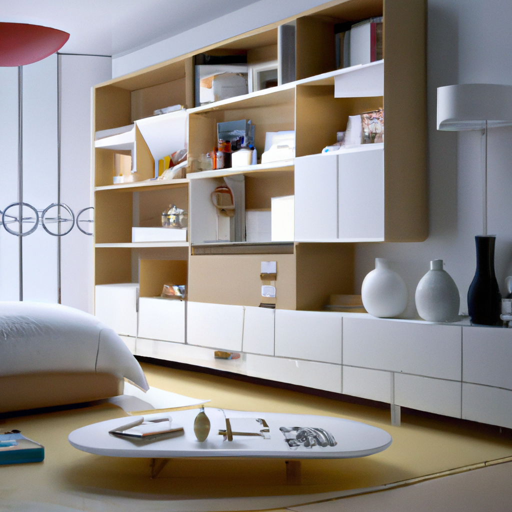Chambre moderne minimaliste avec étagères blanches et beige, lit élégant, table basse design, ambiance épurée et lumineuse.