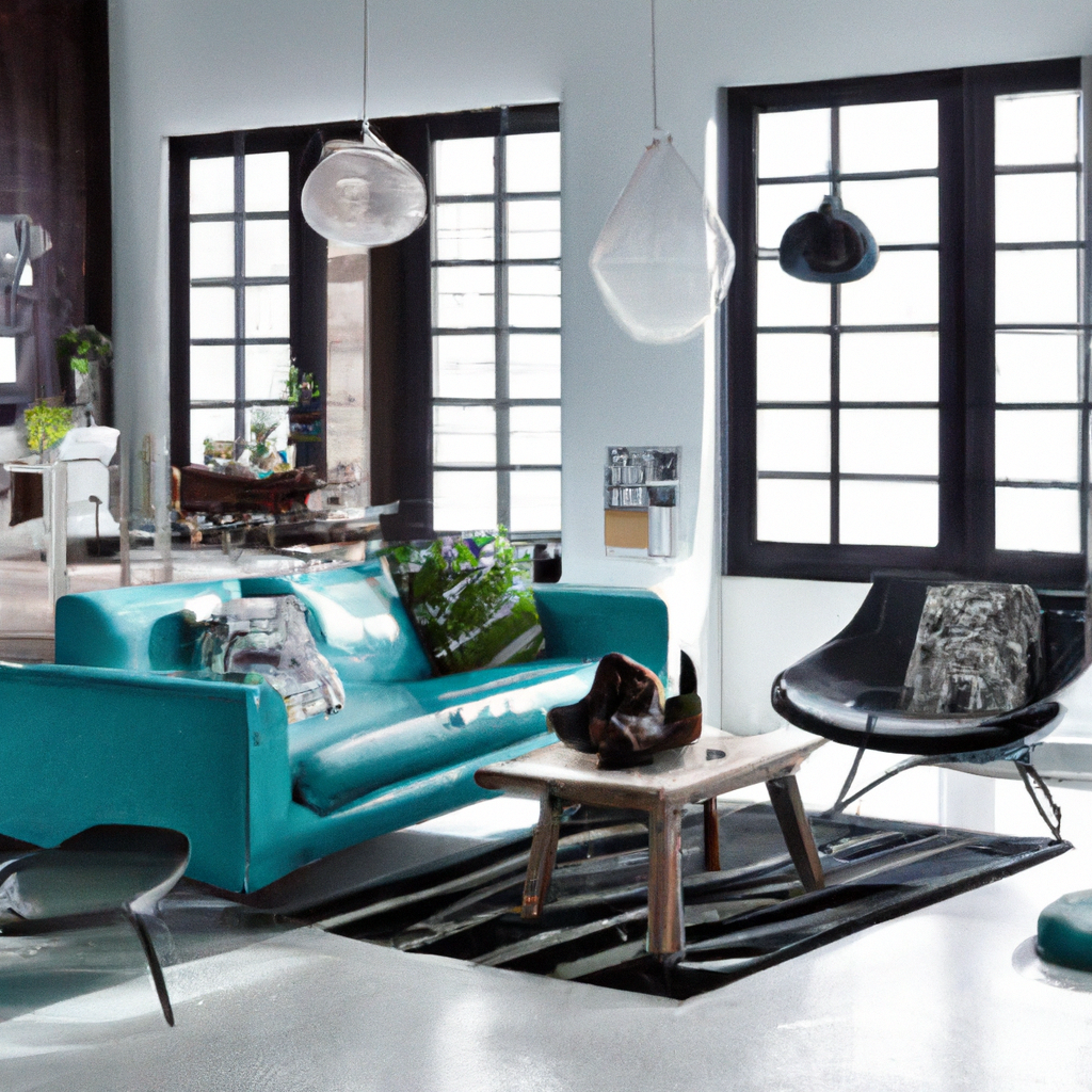 Salon moderne avec canapé turquoise, chaise noire, table en bois, grands fenêtres, ambiance lumineuse et contemporaine.