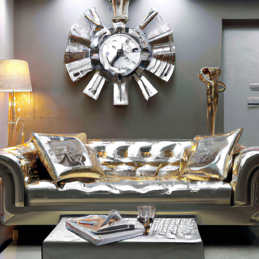 Canapé argenté brillant, horloge décorative, table moderne, luminaires élégants, ambiance luxe et contemporaine.