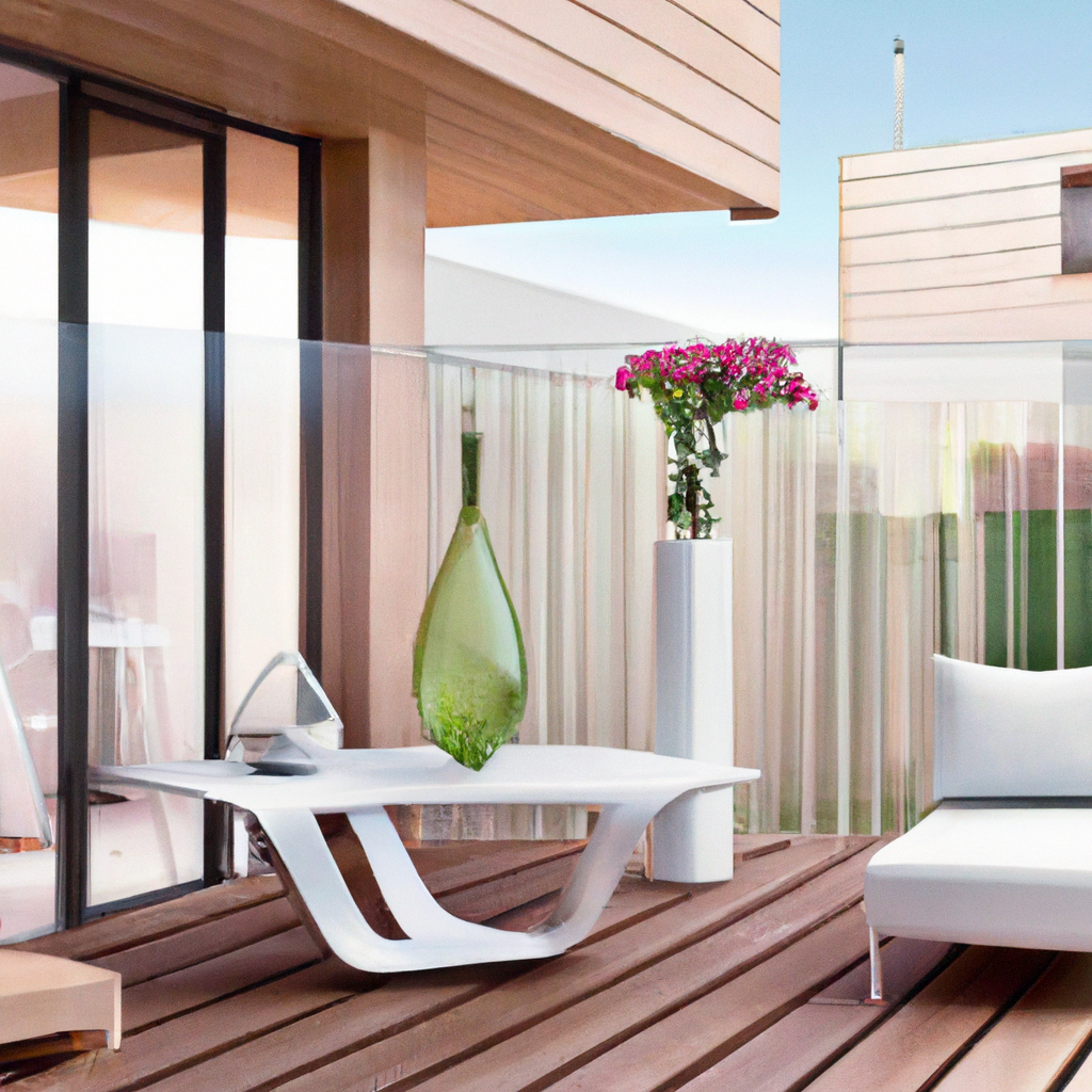 Terrasse moderne avec mobilier blanc, vase vert, fleurs rose sur des lames de bois, ambiance épurée et lumineuse.