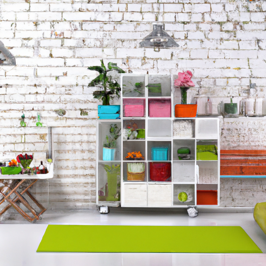 Intérieur moderne lumineux avec étagère colorée, plantes, tapis vert et murs en briques blanches. Ambiance fraîche et dyna...