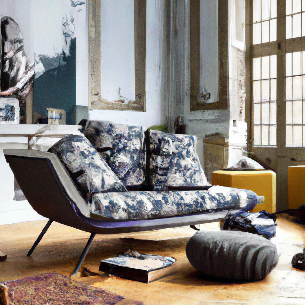 Canapé design aux motifs bleu et gris, fauteuil rotin, ambiance moderne et artistique avec murs texturés et lumière nature...