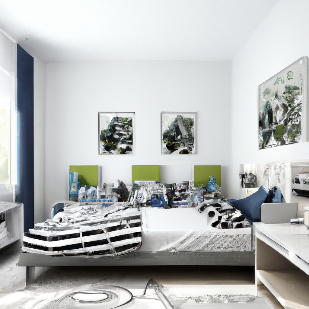 Chambre moderne minimaliste avec des murs blancs, lit gris, touches de vert et œuvres abstraites élégantes.