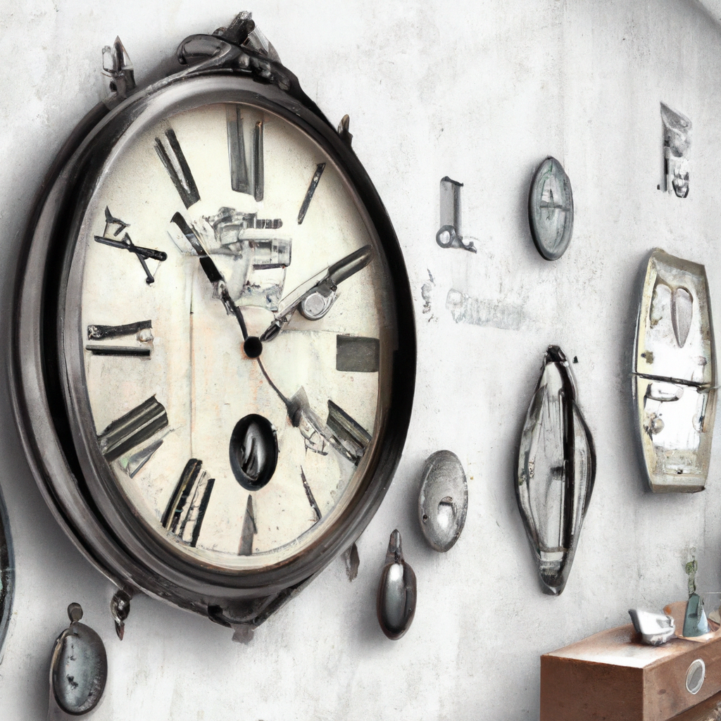 Horloge vintage aux aiguilles argentées et murs blancs, avec des miroirs décoratifs et une ambiance minimaliste.