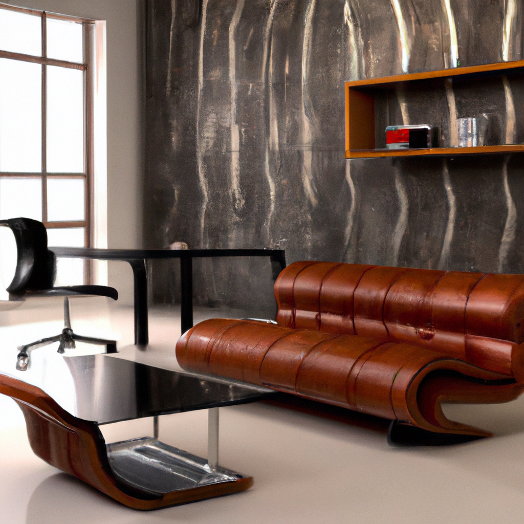 Intérieur moderne avec canapé en cuir marron, table basse en métal et mur texturé, ambiance contemporaine et élégante.