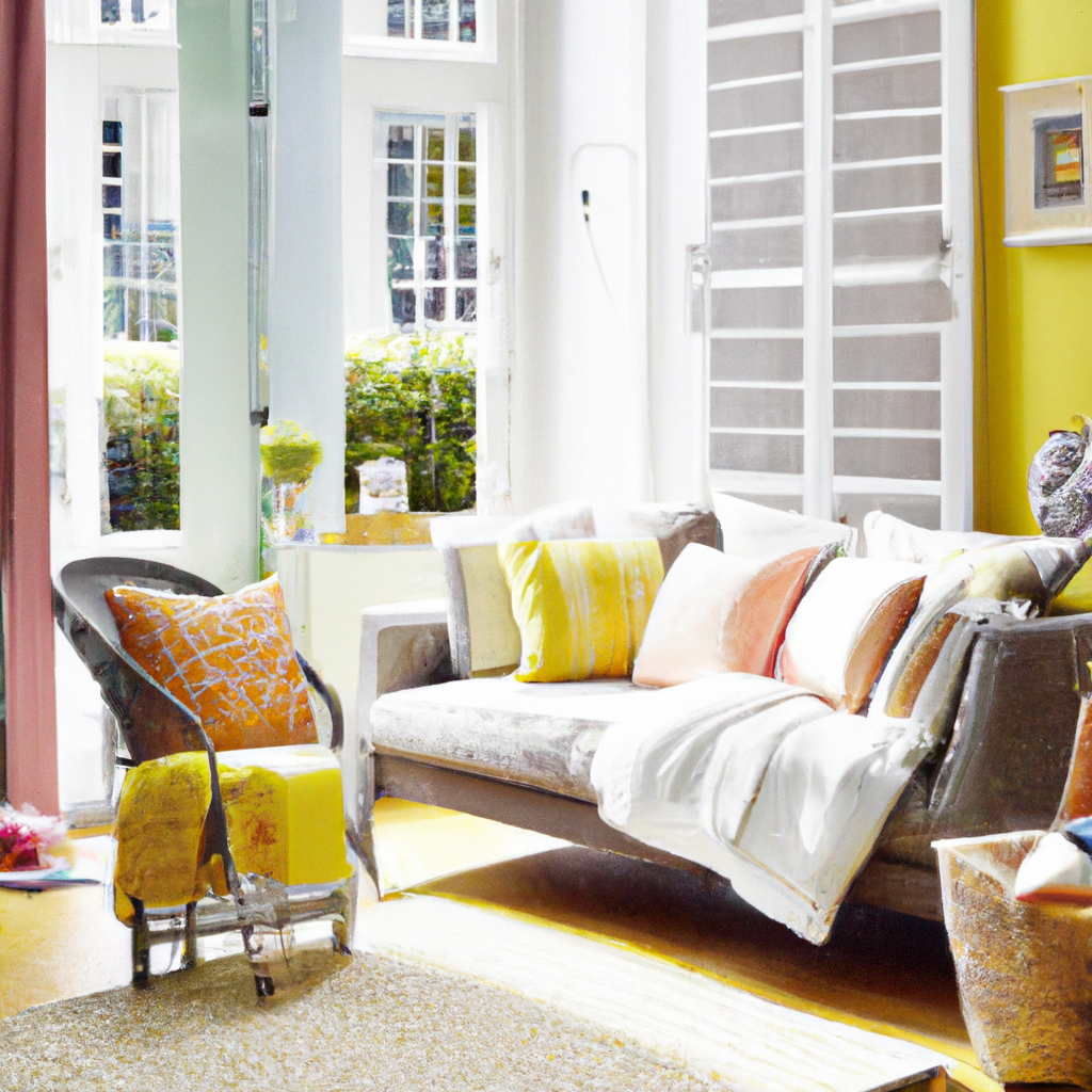 Salon lumineux avec canapé gris, coussins colorés, murs jaunes et rose, ambiance chaleureuse et accueillante.