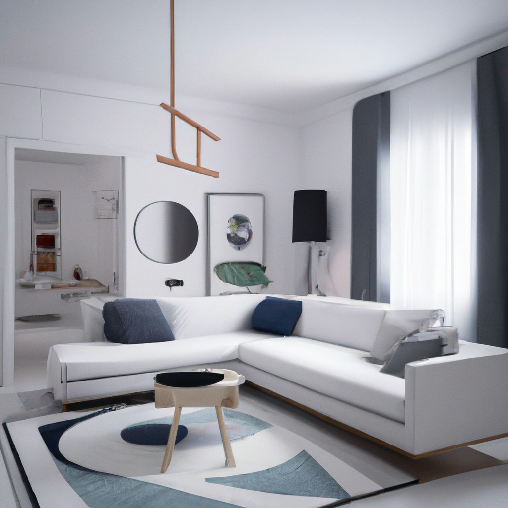 Salon moderne en blanc, avec canapé épuré, tapis artistique, table en bois et touches de bleu, ambiance minimaliste et lum...