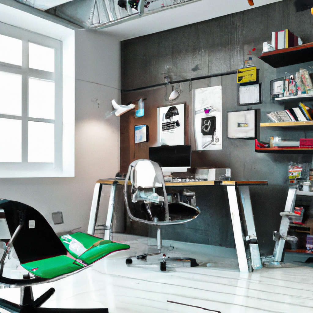 Bureau moderne en bois, chaise transparente, murs gris, étagères colorées, ambiance artistique et lumineuse.