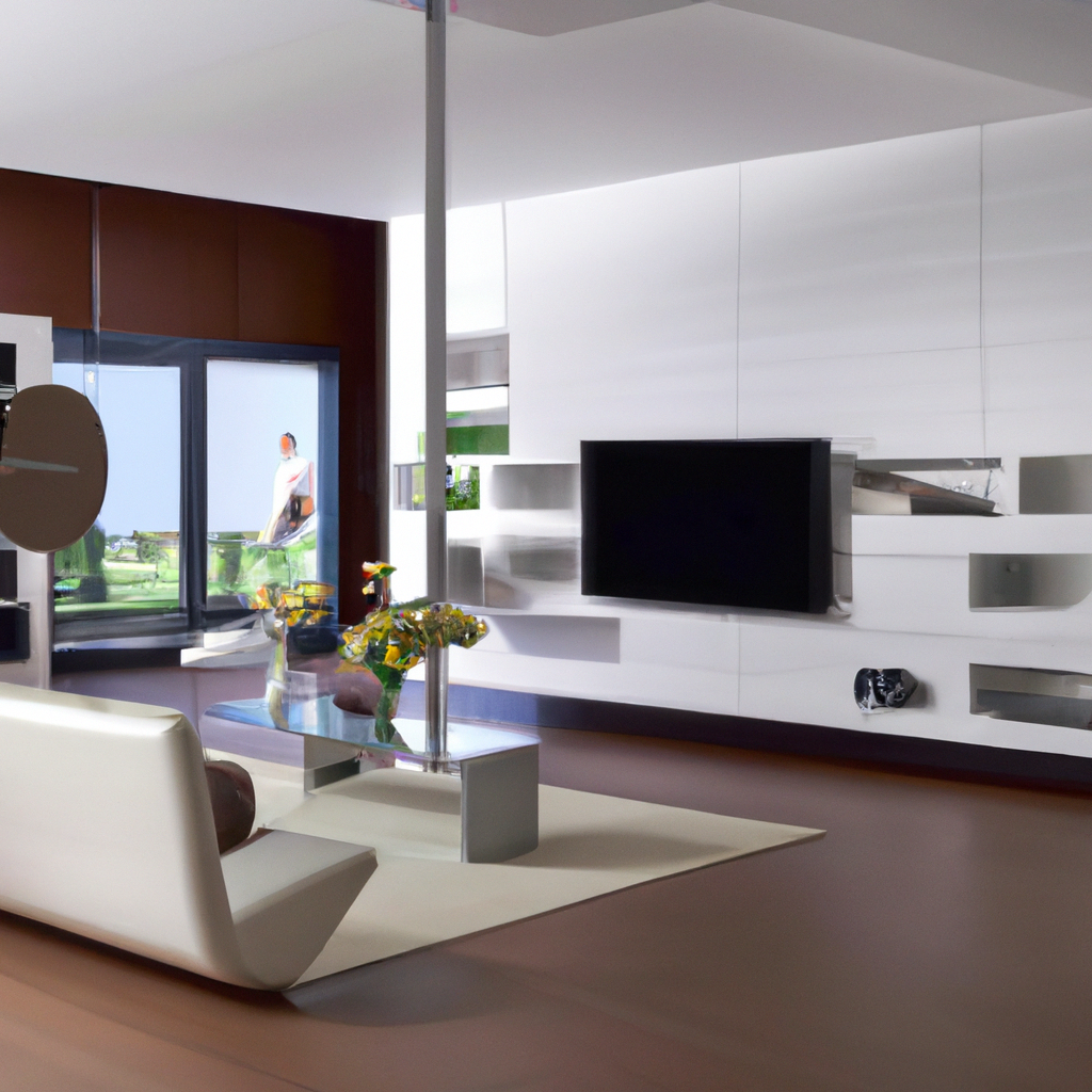 Salon moderne avec canapé blanc, décor minimaliste, murs marron, lumière naturelle et éléments design épurés.