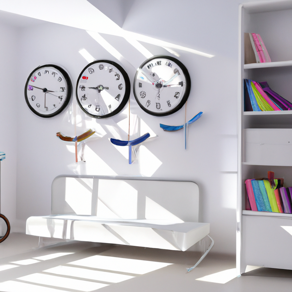 Intérieur moderne avec mur blanc, trois horloges stylées, canapé minimaliste et étagère colorée, ambiance lumineuse et épu...