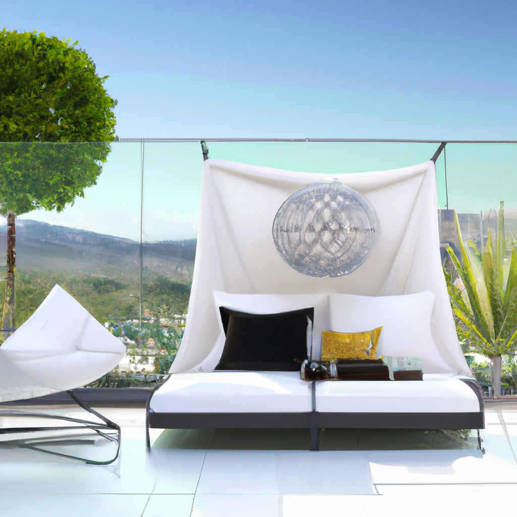 Espace extérieur moderne avec canapé blanc, coussins noirs et dorés, et un lampadaire élégant, vue sur la montagne.