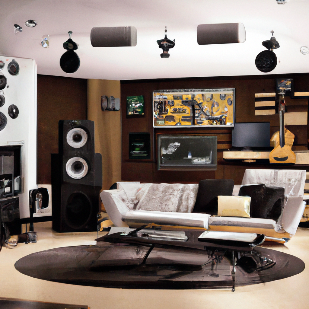 Décoration moderne avec canapé gris, table basse noire, murs marron, éléments artistiques et ambiance urbaine.