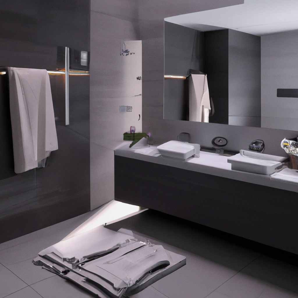 Salle de bain moderne aux murs gris, lavabo épuré, éclairage discret et rangement optimisé. Ambiance minimaliste.