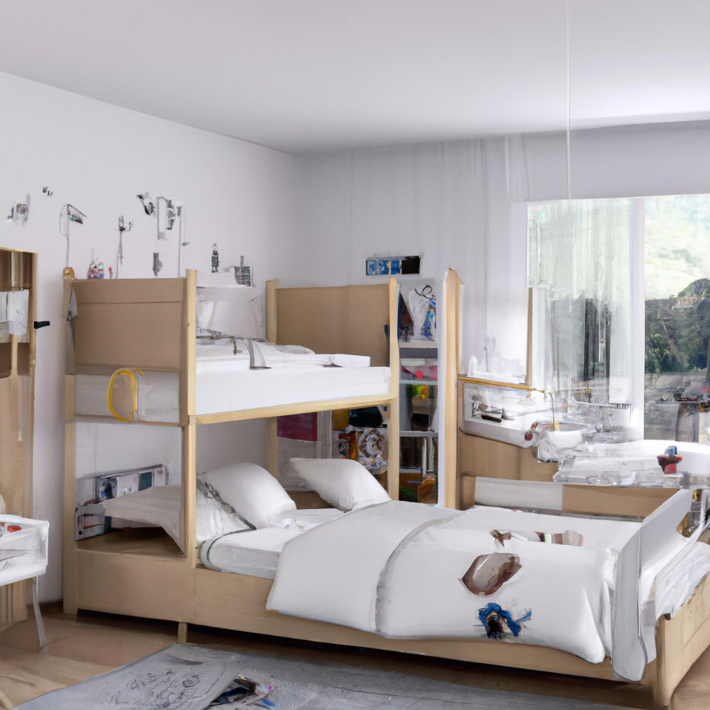 Chambre moderne avec lits superposés en bois clair, draps blancs, ambiance lumineuse et mur décoré.