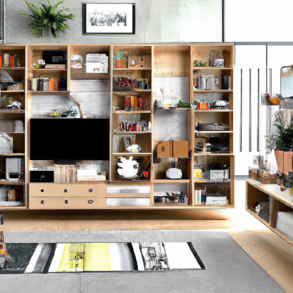 Décoration intérieure moderne avec étagères en bois clair, TV, objets décoratifs variés et plantes vertes, ambiance chaleu...