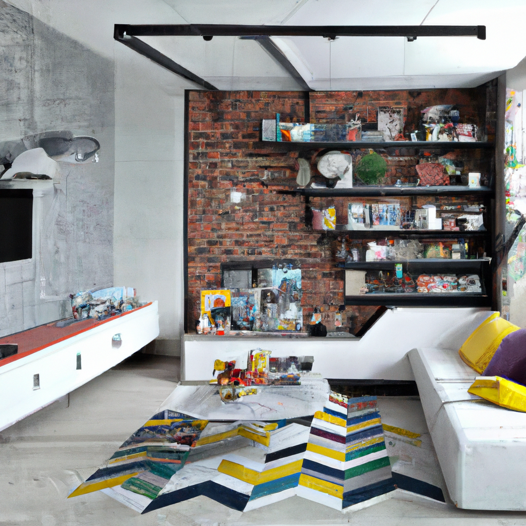 Intérieur moderne avec un mur en briques, un canapé blanc, un tapis coloré, et étagères décorées d'objets artistiques.