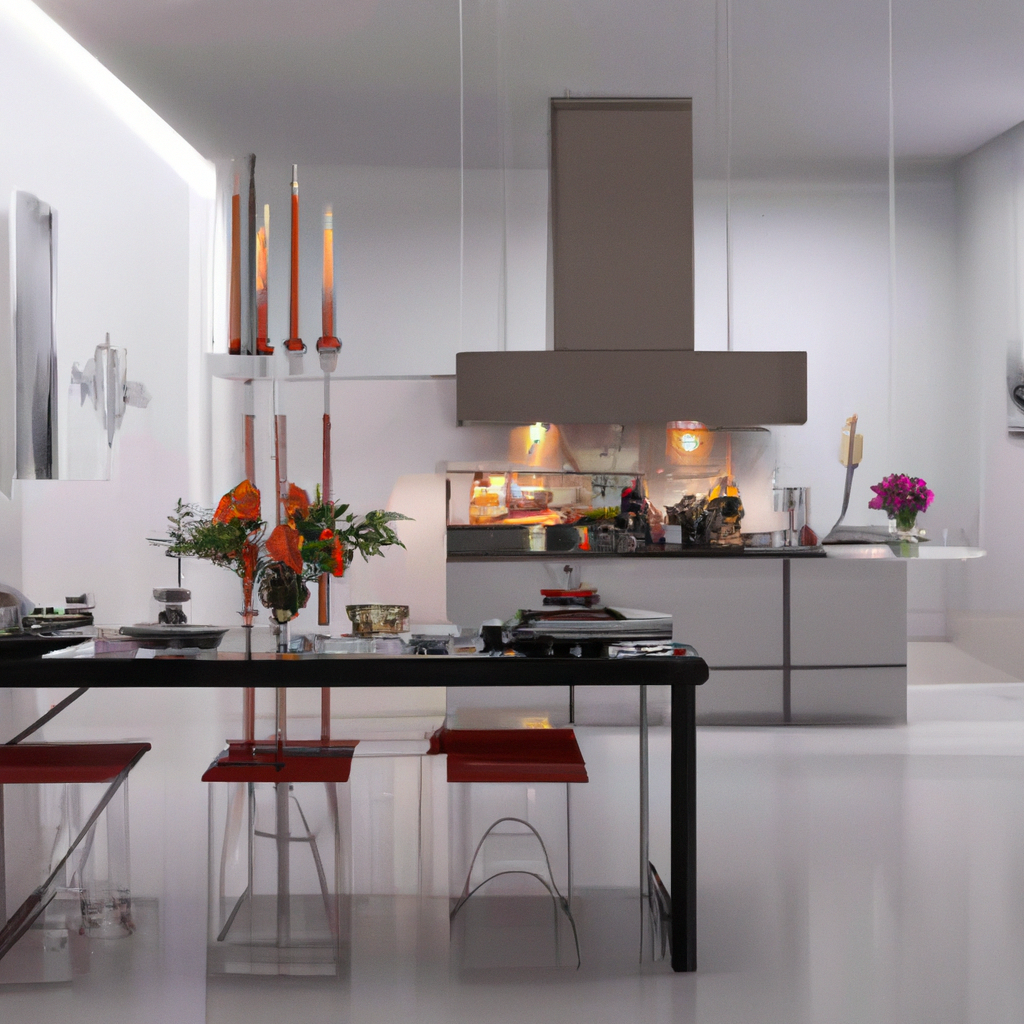 Cuisine moderne avec table noire, chaises transparentes, bougies rouges et éléments de décoration florale, ambiance épurée...