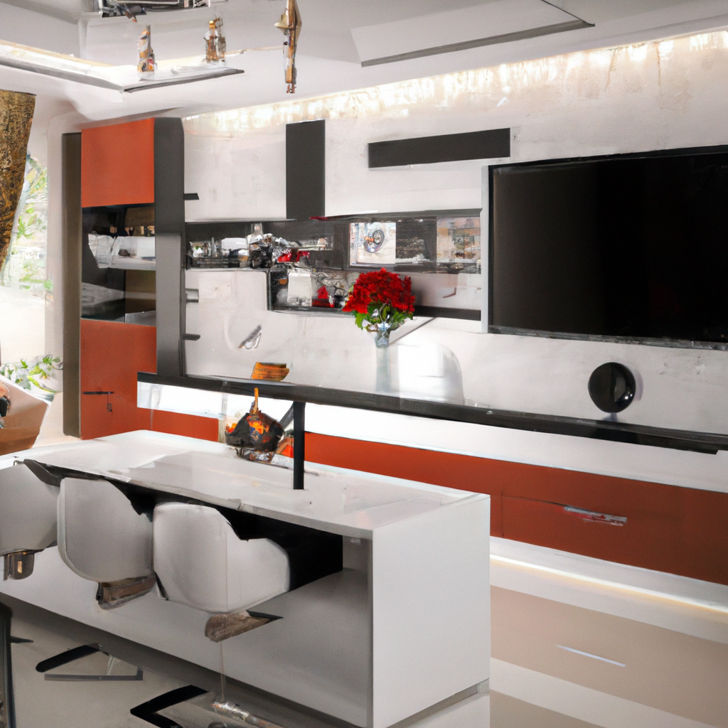 Cuisine moderne avec éléments en noir, blanc et orange, comptoir épuré, feu à granules et éclairage ambiance chaleureux.