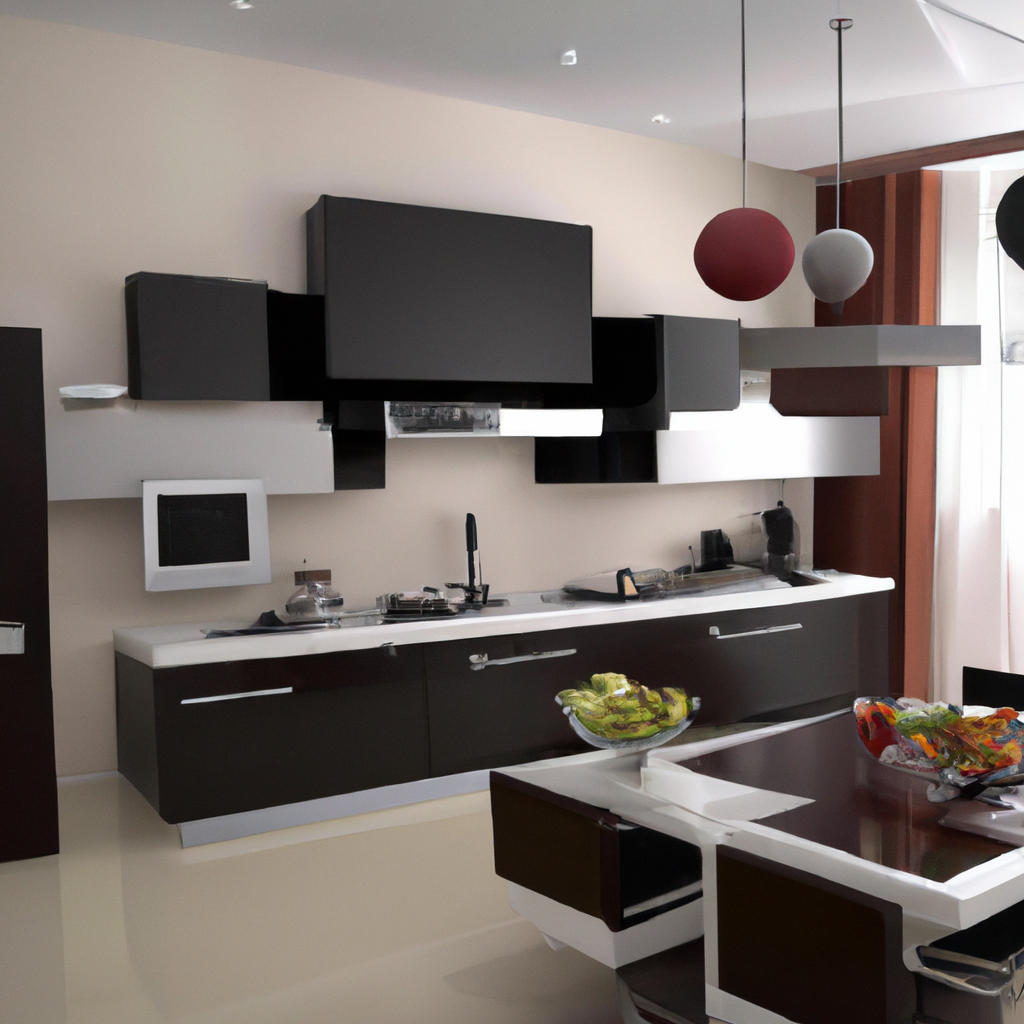 Cuisine moderne minimaliste avec meubles noirs et blancs, surfaces brillantes, et accents colorés dans une ambiance épurée.