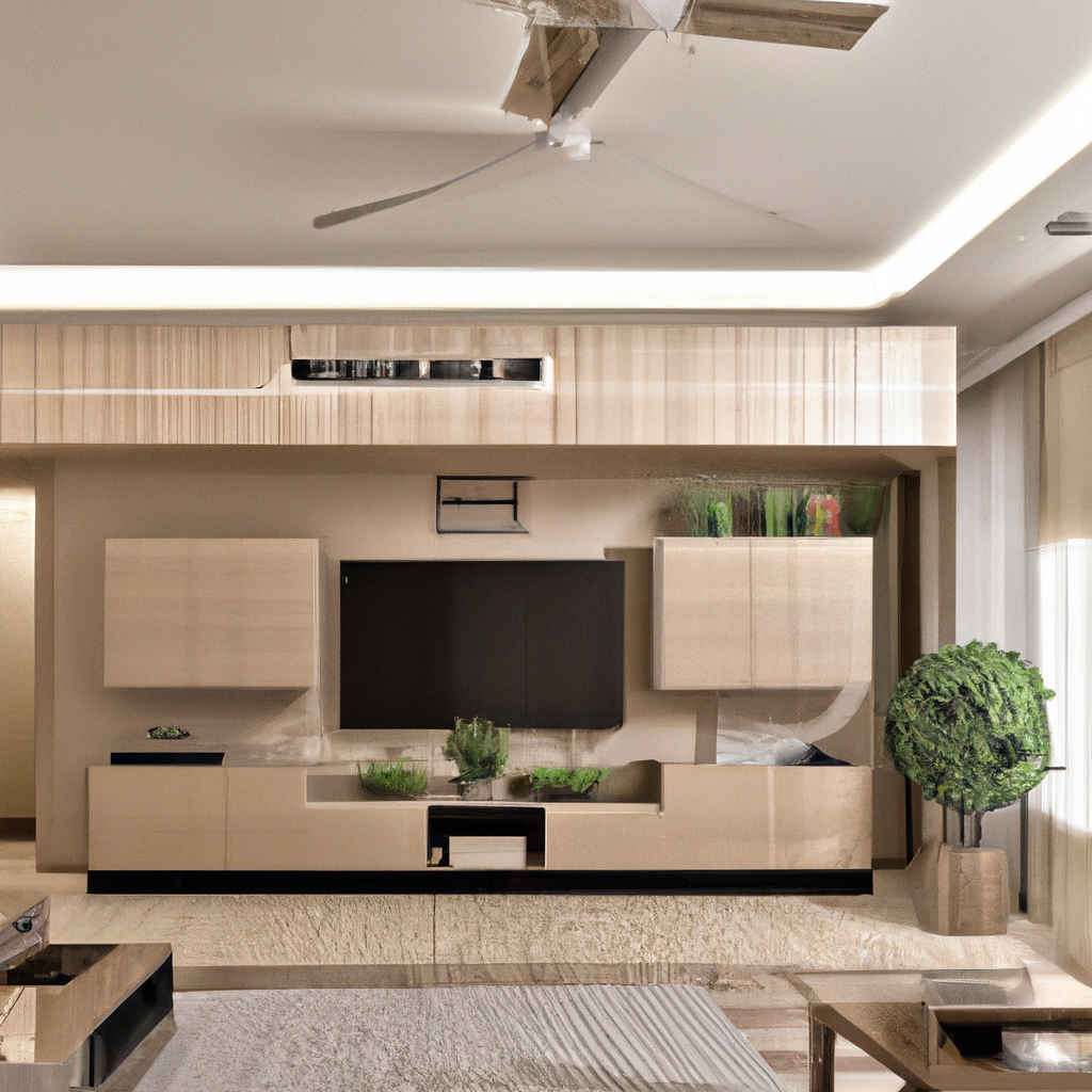 Intérieur moderne avec meuble TV beige, plantes décoratives, plafonnier lumineux et ambiance épurée et contemporaine.