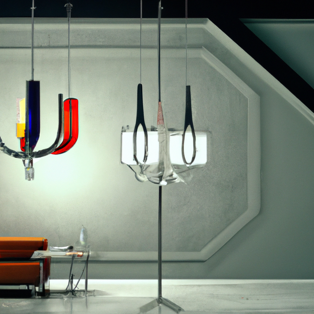 Intérieur moderne avec un lustre coloré, canapé orange vif et murs gris, créant une ambiance contemporaine élégante.