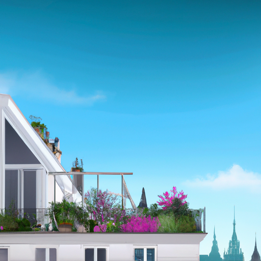 Maison moderne avec jardin sur le toit, fleurs roses, ambiance ensoleillée, ciel bleu et architecture contemporaine.