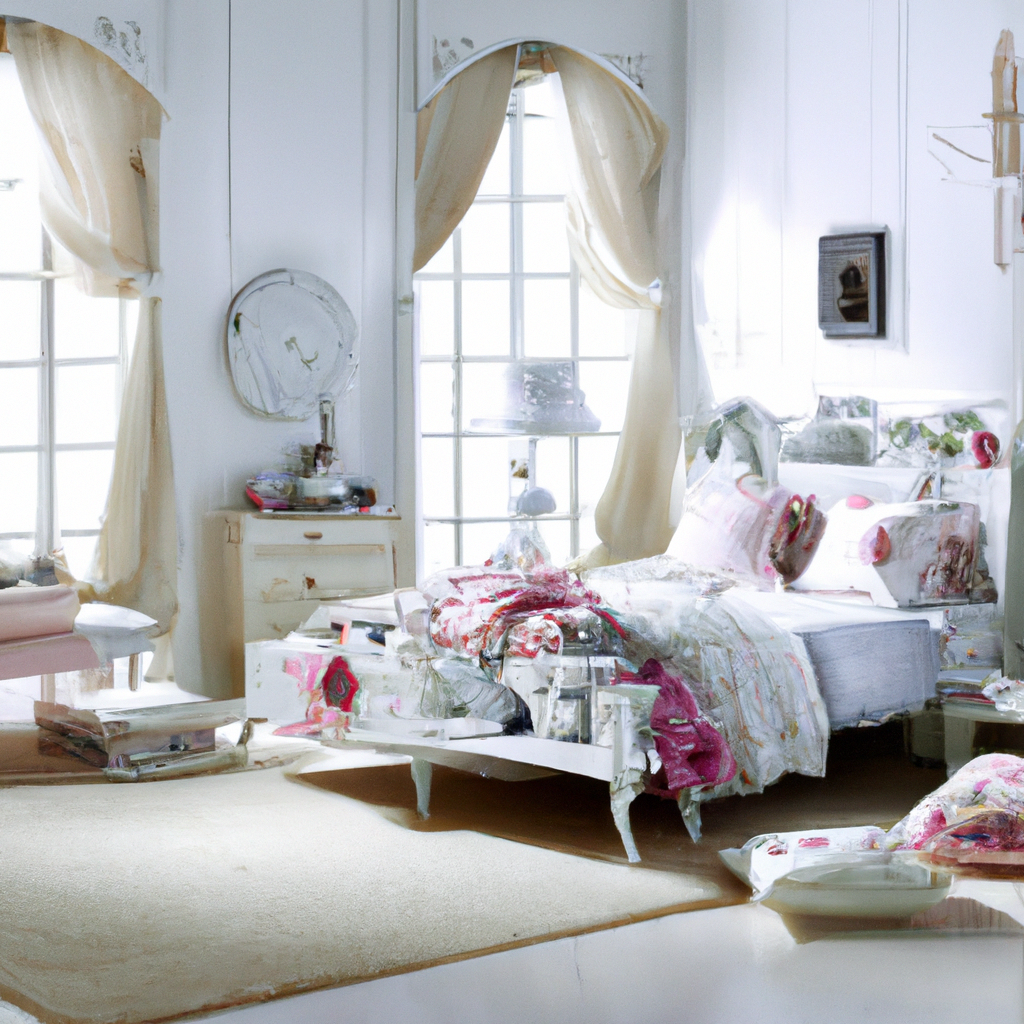 Chambre lumineuse et romantique avec draps floraux, meubles blancs vintage, tapis beige et lumière douce naturelle.