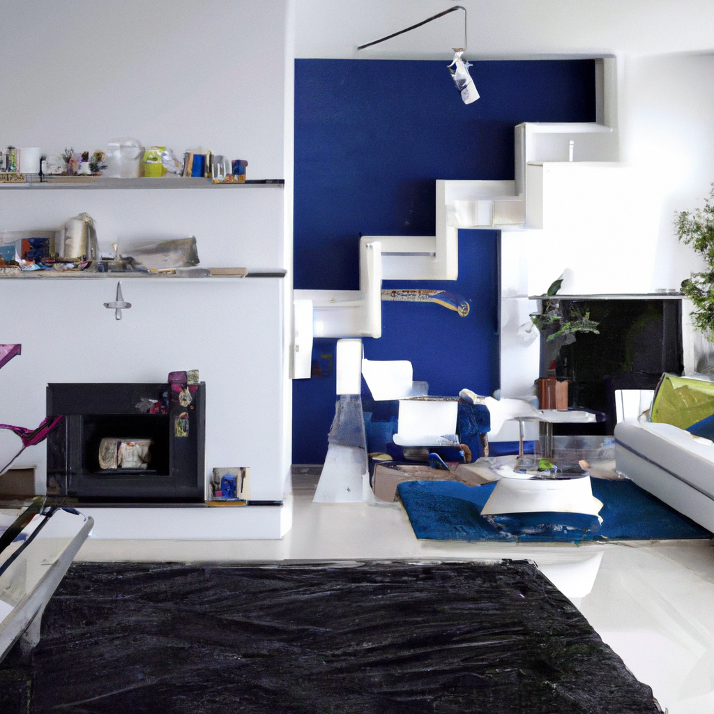 Salon moderne avec mur bleu, meubles minimalistes, cheminée élégante et touches de verdure. Ambiance épurée et contemporaine.