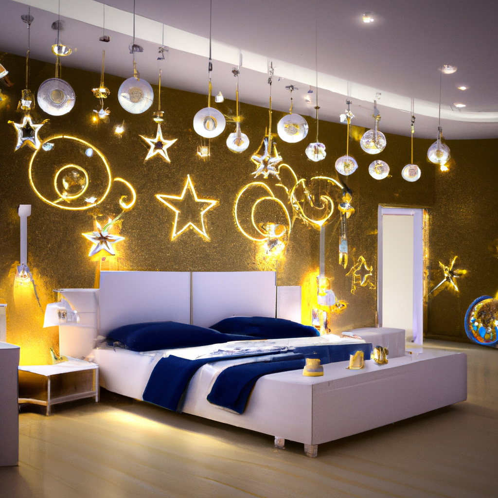 Chambre moderne avec lit blanc, murs dorés lumineux et décorations étoilées, ambiance chic et apaisante.