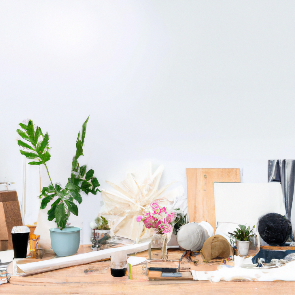 Bureau de décoration intérieure moderne avec plantes vertes, objets en bois, fleurs et une ambiance lumineuse et naturelle.