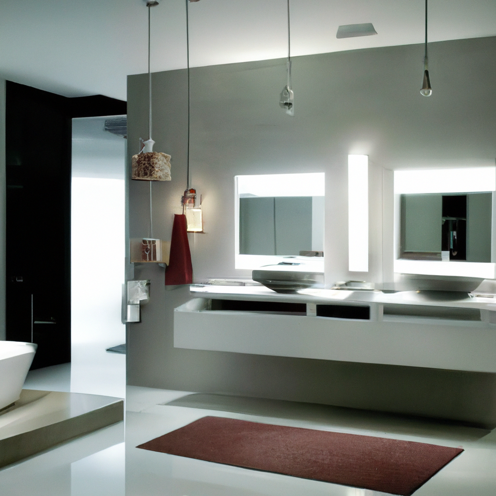 Salle de bain moderne avec baignoire blanche, meuble design, éclairage LED et tapis rouge, ambiance épurée et lumineuse.