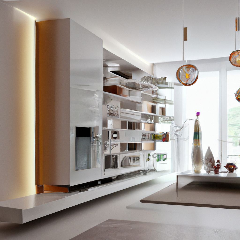 Élégante cuisine moderne avec un meuble blanc brillant, étagères en verre, décoration colorée et lumière douce.