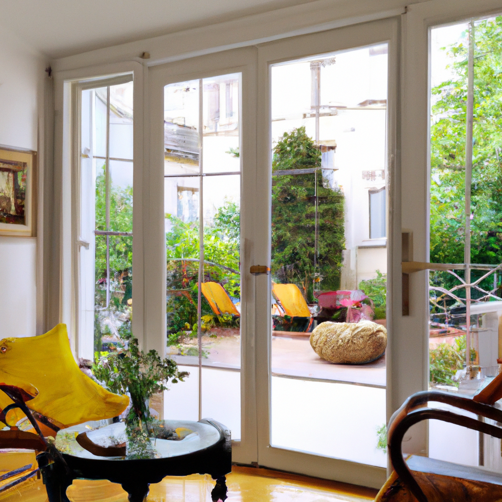 Salon lumineux avec grandes baies vitrées, décoration moderne, fauteuils colorés et vue sur un jardin verdoyant.