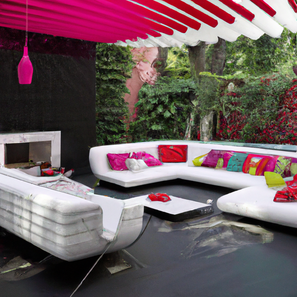 Canapé blanc moderne avec coussins colorés, plafond rose vibrant, ambiance contemporaine et végétation luxuriante.