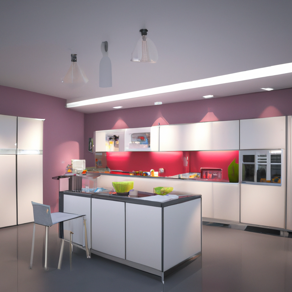 Cuisine moderne avec murs rose pastel, meubles blancs élégants, et un îlot central lumineux. Ambiance contemporaine et aérée.