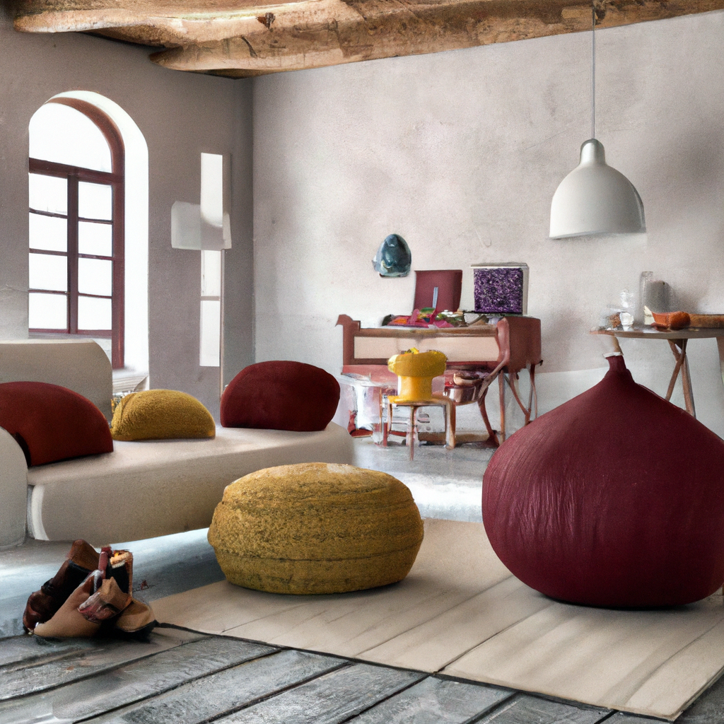 Salon moderne avec canapés blancs, coussins rouges et jaunes, pouf original, ambiance chaleureuse, décoration minimaliste.