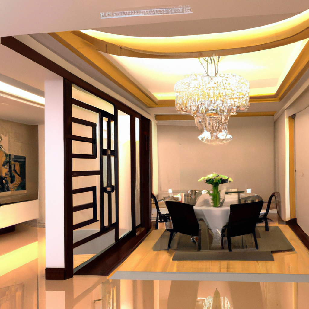 Intérieur moderne avec un lustre chic, une table blanche, des chaises sombres, et un décor épuré aux couleurs neutres.