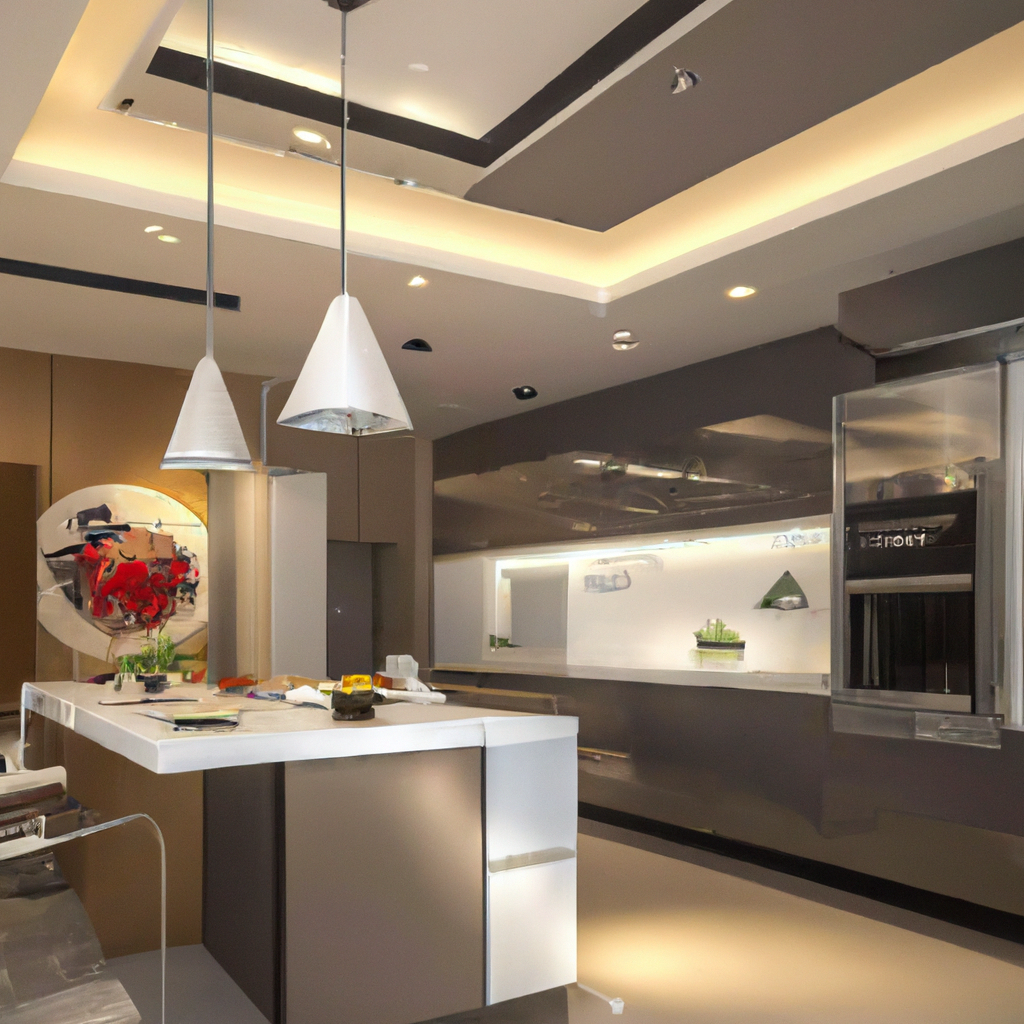 Cuisine moderne avec îlot central, meubles laqués gris, éclairage LED et ambiance épurée et lumineuse.