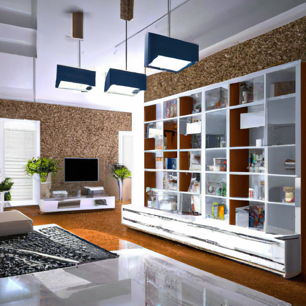 Salon moderne avec murs en papier peint texturé, étagère blanche, meubles en cuir beige et luminaires suspendus contempora...