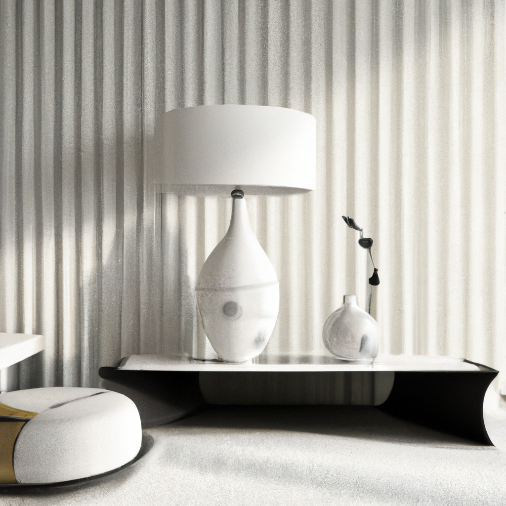 Lampes blanches modernes, tables aux formes organiques et décor minimaliste sur fond texturé, ambiance élégante et apaisante.