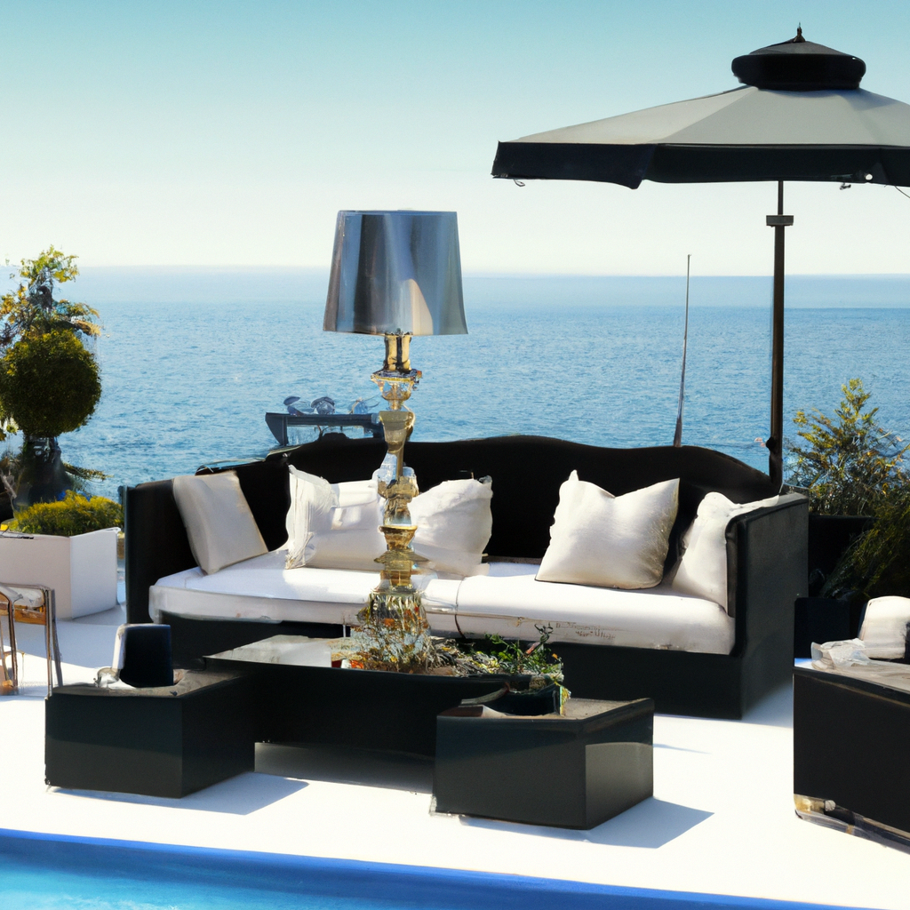 Salon extérieur moderne avec canapé noir, coussins clairs, lampe élégante et parasol, vue sur la mer. Ambiance paisible.