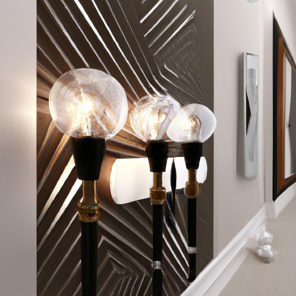 Éclairage décoratif avec lampes à filament, mur texturé beige et décoration murale moderne, ambiance chaleureuse.