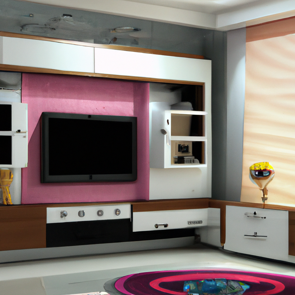 Salon moderne avec mur rose, meuble TV blanc et bois, lumière douce, ambiance contemporaine et élégante.