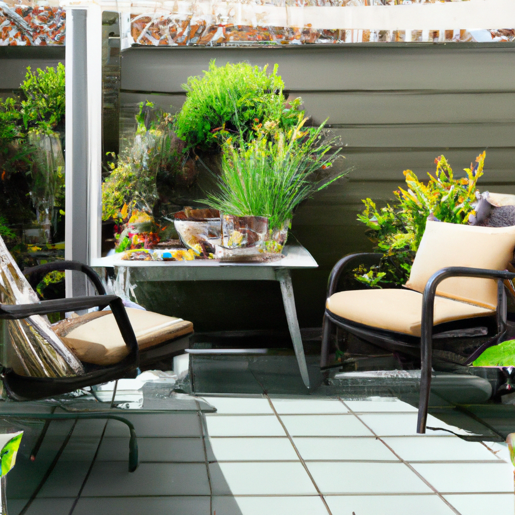 Espace extérieur moderne avec fauteuils en rotin, table basse, plantes vertes luxuriantes et éclairage doux.