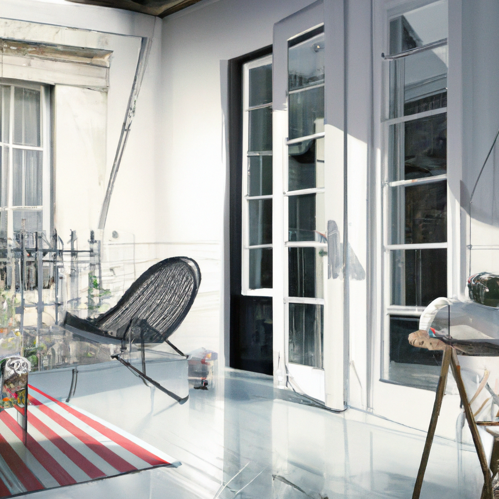 Intérieur minimaliste moderne avec fauteuil noir, sol brillant, grandes fenêtres et touche de rouge, ambiance lumineuse et...